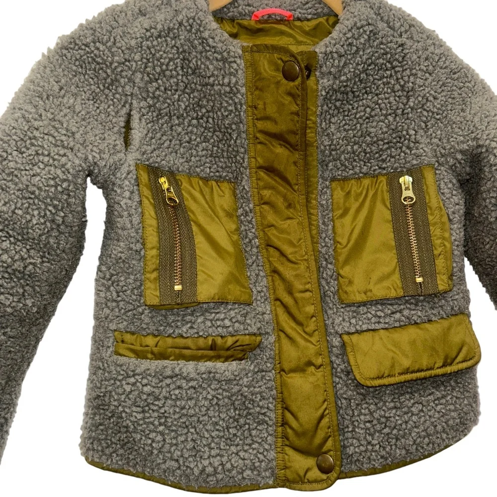 j. crew Crewcuts gray olive green teddy bear fuzzy fleece zip up jacket …